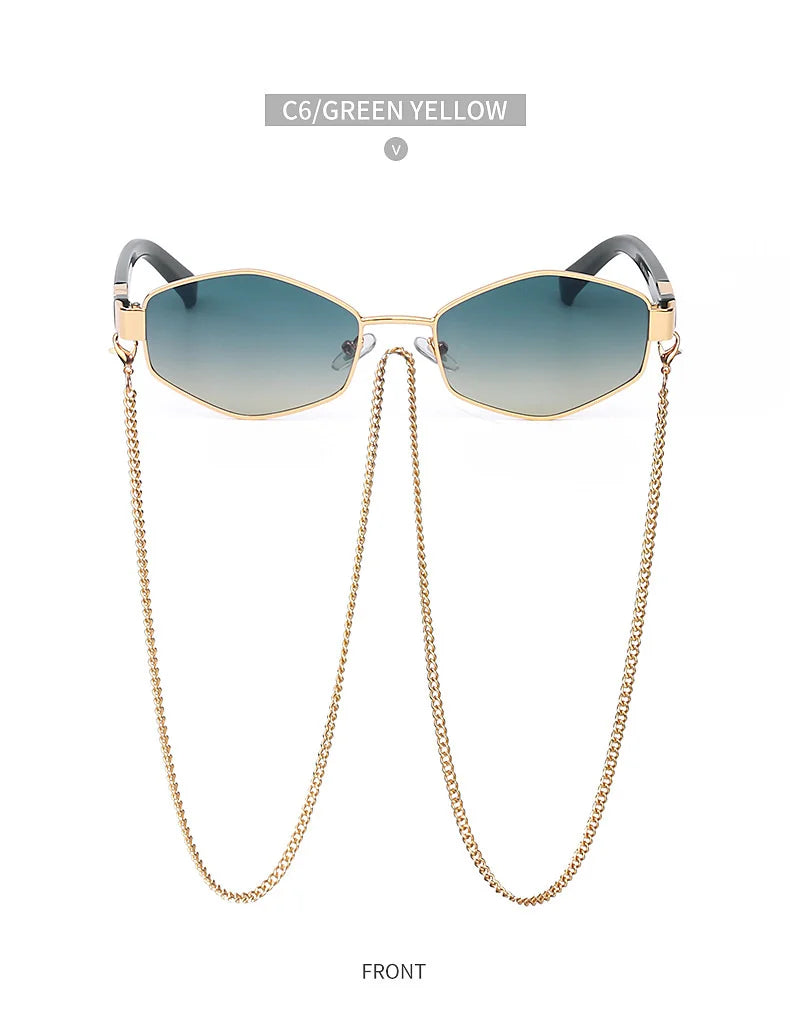 Sexy Small Frame Hexagon Sunglasses Women With Chain 2025 Luxury Brand Designer Punk Sun Glasses For Ladies Shades Gafas De Sol