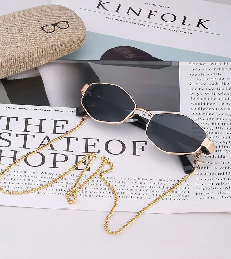 Sexy Small Frame Hexagon Sunglasses Women With Chain 2025 Luxury Brand Designer Punk Sun Glasses For Ladies Shades Gafas De Sol