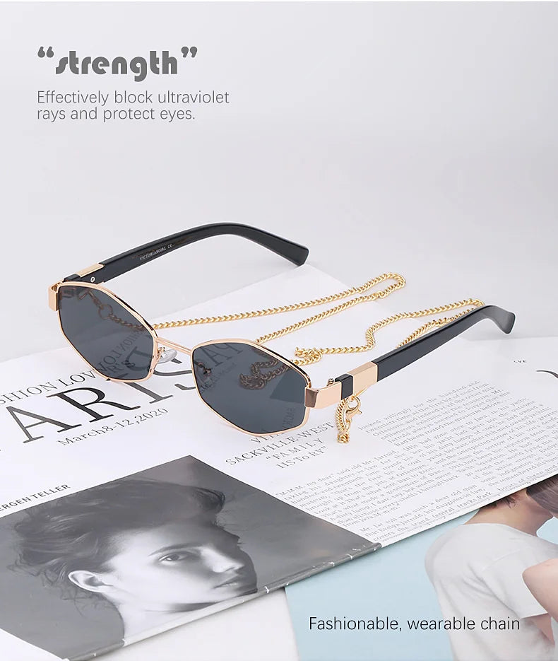 Sexy Small Frame Hexagon Sunglasses Women With Chain 2025 Luxury Brand Designer Punk Sun Glasses For Ladies Shades Gafas De Sol