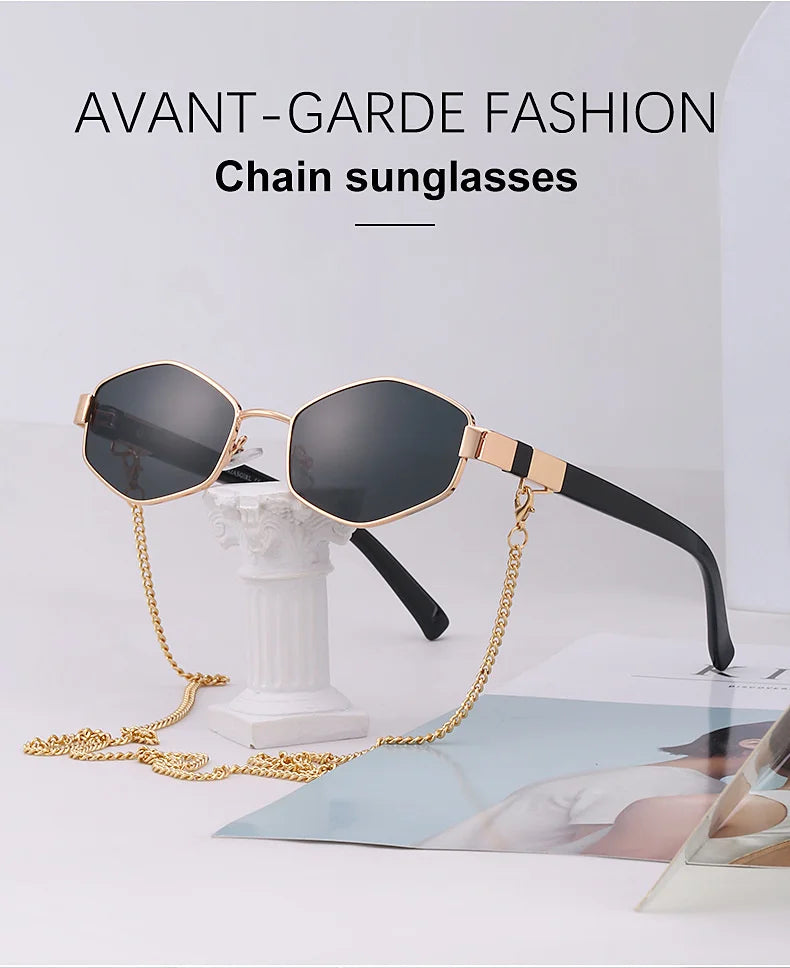 Sexy Small Frame Hexagon Sunglasses Women With Chain 2025 Luxury Brand Designer Punk Sun Glasses For Ladies Shades Gafas De Sol